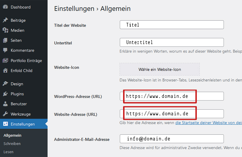 Wordpress Adresse im Backend ändern