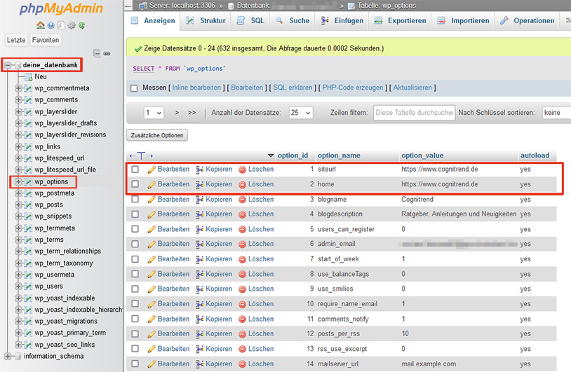 Wordpress Adresse in der Datenbank ändern